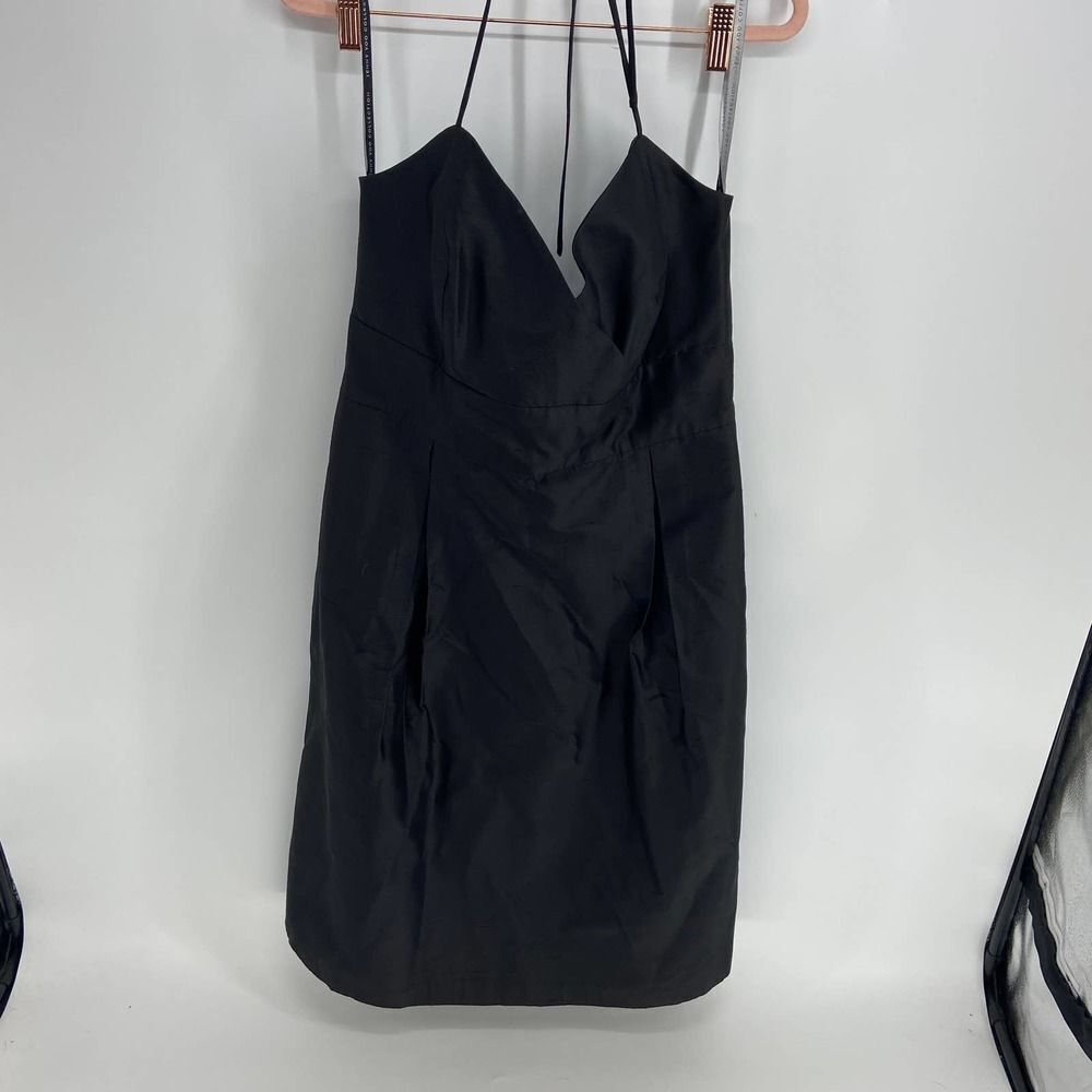 Jenny Yoo Black Silk Tie Neck V faux wrap pleated midi dress womens 14
